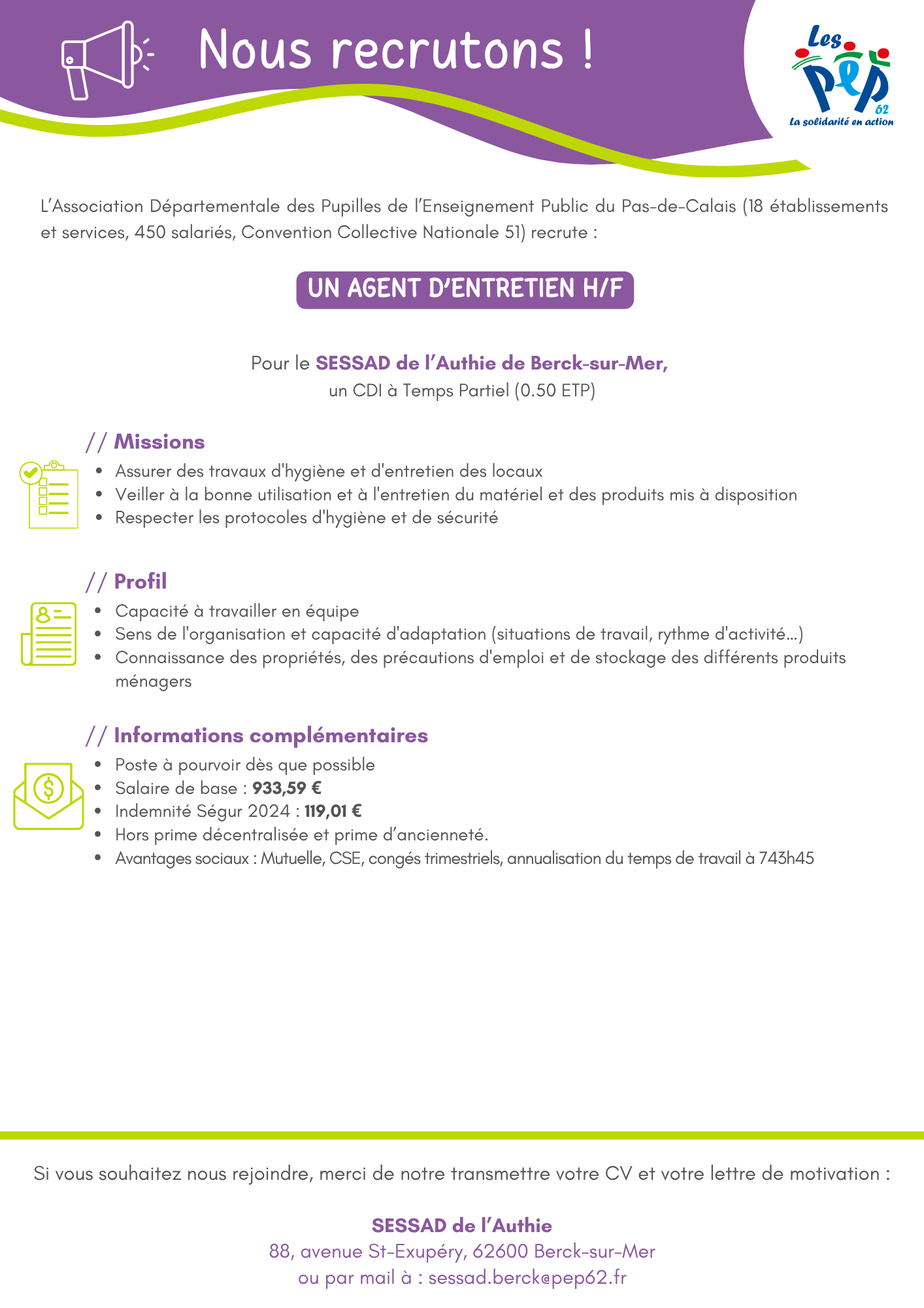 agent d'entretien - SESSAD Berck - CDI TP 0.50 ETP - oct26